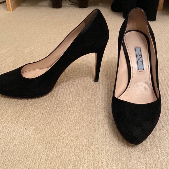 prada black suede heels